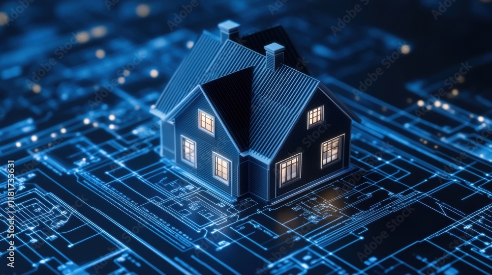 Electronic Blueprint of a House Overlaying a Digital Circuit Background for Smart Home Concept Visualization Electronic Blueprint of a House Overlaying a Digital Circuit Background for Smart Home Concept Visualization