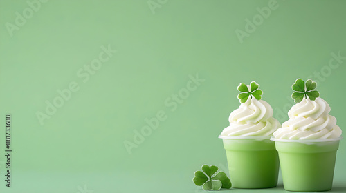 A pair of elegant green dessert cups with fluffy cream and decorative clovers, styled on a bold green backdrop. Great for St. Patrick's Day festivities or fresh dessert ideas. Selective focus photo