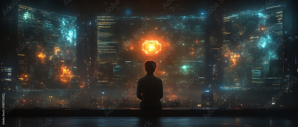 Person observing futuristic city data on large screens. Person observing futuristic city data on large screens.