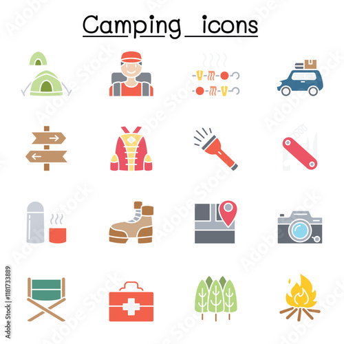Camping & Hiking icons set in thin line style