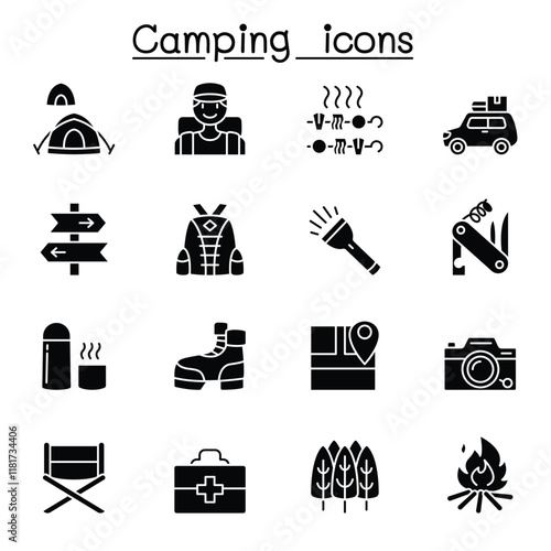 Camping & Hiking icons set in thin line style