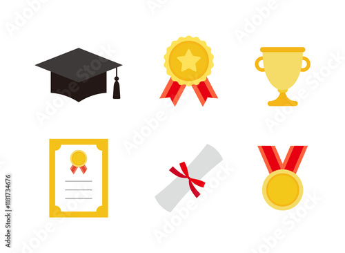 School graduation concept icon set. Graduation cap, certificate, diploma, badge, medal, trophy.