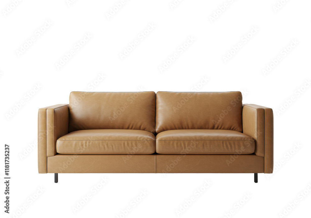 A modern tan leather sofa with clean lines and a minimalist design, isolated on a white background A modern tan leather sofa with clean lines and a minimalist design, isolated on a white background