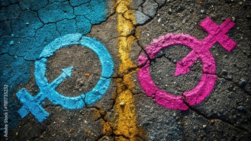 Gender Equality Symbol Painted on Asphalt - Documentary Style Stock Photo photo