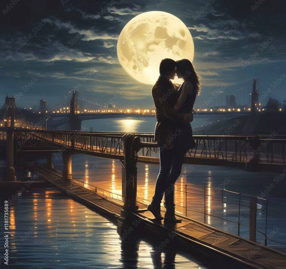 Fototapeta premium Illustration of couple in love with moon behind.