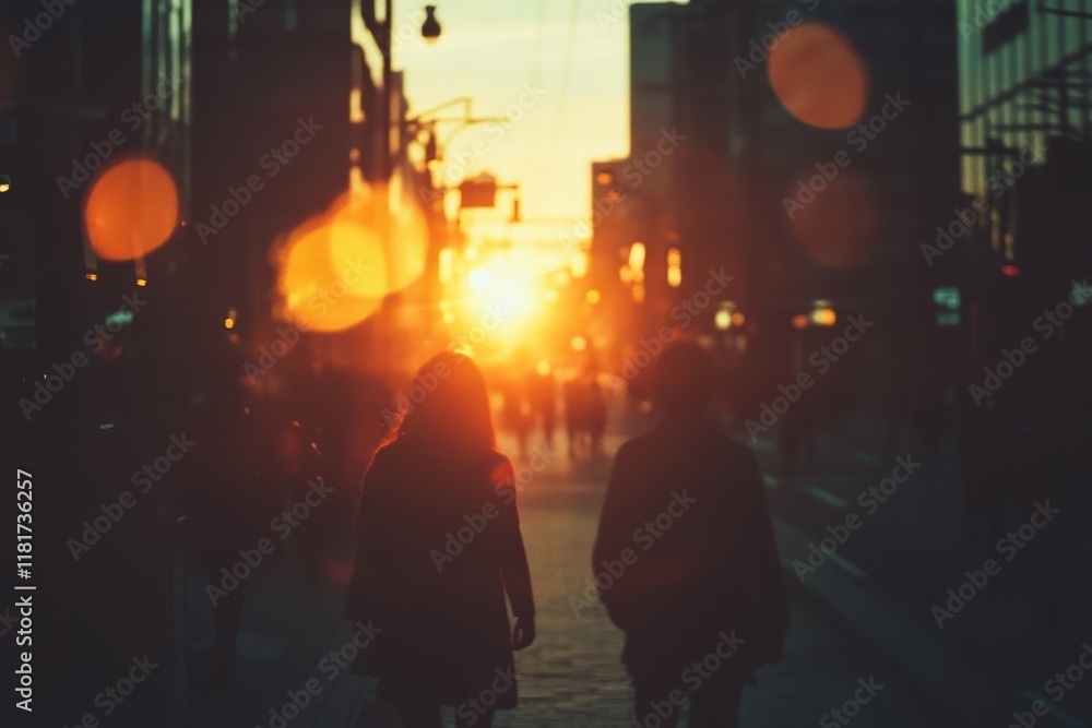 Golden sunset casts silhouettes of pedestrians on a bustling urban street during twilight hours Golden sunset casts silhouettes of pedestrians on a bustling urban street during twilight hours