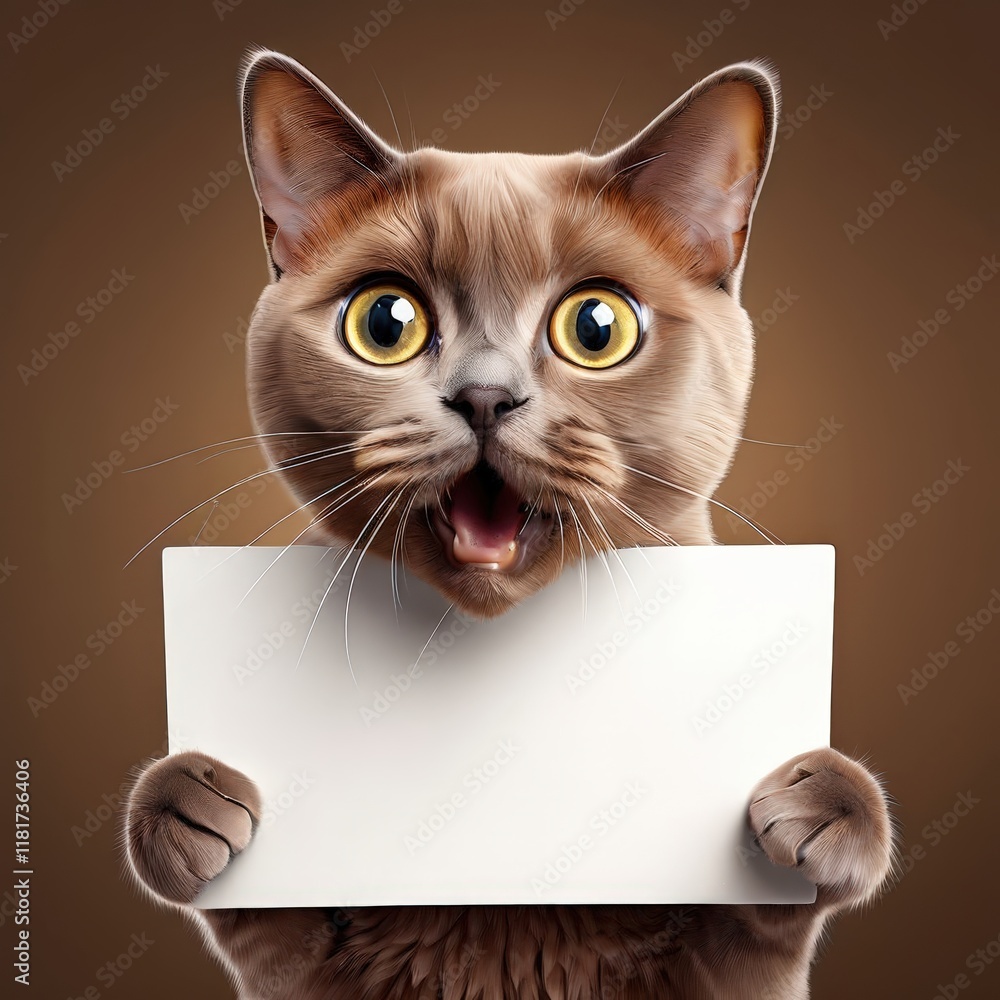 Obraz premium the AI Image Generator, Surprised Cat Holding Blank Sign Against