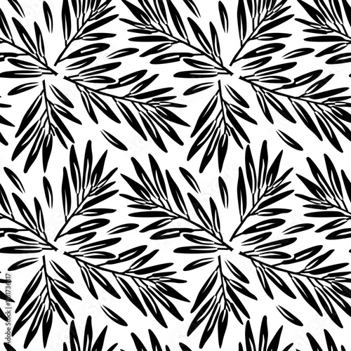 rosemary pattern, twigs and leaves, art deco. Culinary herbs and spices. Seamless seasoning. Seamless texture, symmetrical black silhouette on a white background. Seasonings, spices, food additives