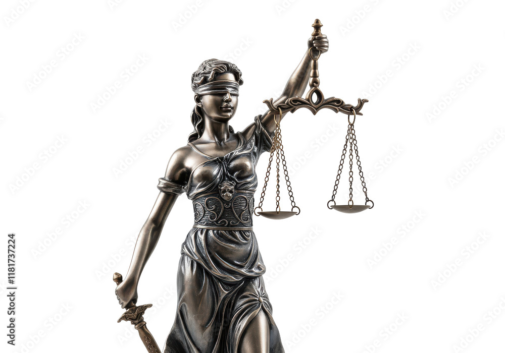A metallic Lady Justice statue holding scales, isolated on white background A metallic Lady Justice statue holding scales, isolated on white background