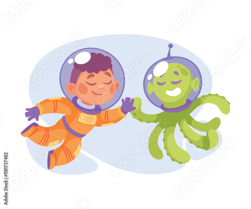 Girl Astronaut Character with Alien in Outer Space Exploring Universe Vector Illustration