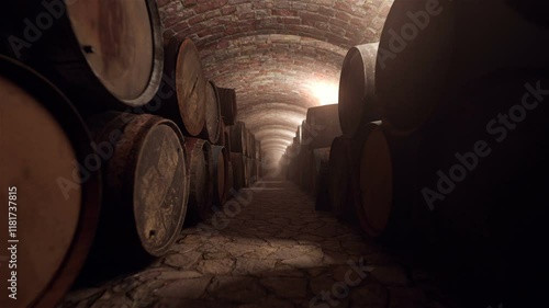 Old wine cellar with endless barrels, 3D animation