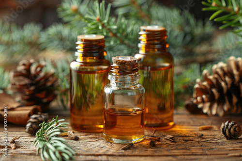 three glass bottles with essential oil located on a wooden surface. 