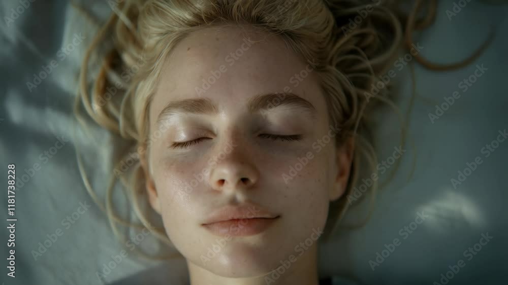 A peaceful blonde woman with freckles rests on a pillow, her eyes closed in quiet tranquility A peaceful blonde woman with freckles rests on a pillow, her eyes closed in quiet tranquility
