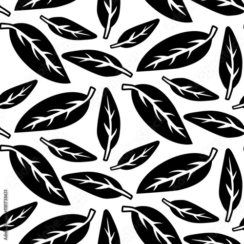 pattern of the bay leaf, the silhouette of leaf is chaotic. Culinary seasonings and spices, hand-drawn. fine details. black outline on white. Vector illustration. Seasonings, spices, food additives