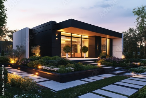 A striking urban house with contrasting black and white walls, linear gardens, and mood lighting photo