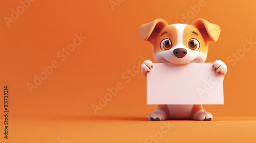 A cute cartoon dog holding a blank sign against an orange background.