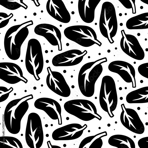 spinach pattern. Texture of leaves and dots. Culinary seasonings and spices, hand-drawn. Seamless with fine details. Black silhouette on white. Vector illustration. Seasonings, spices, food additives