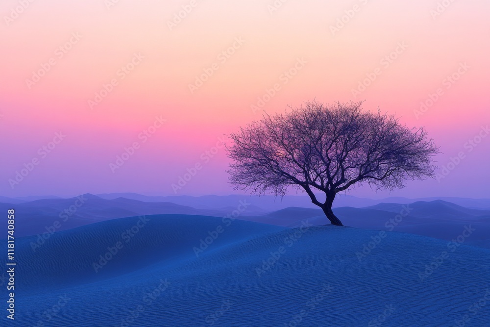 Lone tree silhouetted against a vibrant purple and pink twilight sky