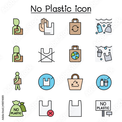 No plastic bag icons set in thin line style