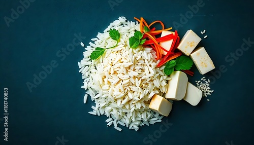 rice with vegetables Top view asian food ingredients mix with copy space