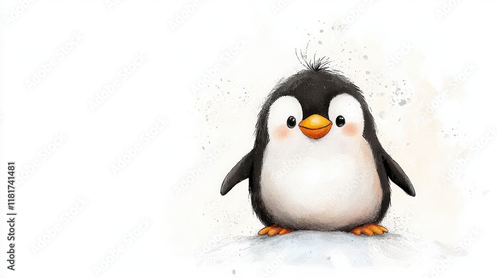 Fototapeta premium Cute cartoon penguin character with bright orange beak and fluffy feathers on a snowy background