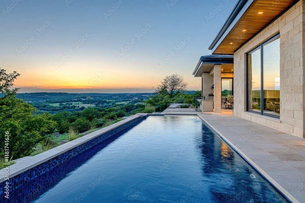 Fototapeta premium A stylish contemporary home with an infinity edge pool overlooking a tranquil valley