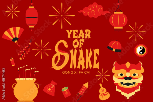 A Vector illustration design set of Lunar chinese new year decorations elements red and gold color. Chinese new year of snake, vector eps 