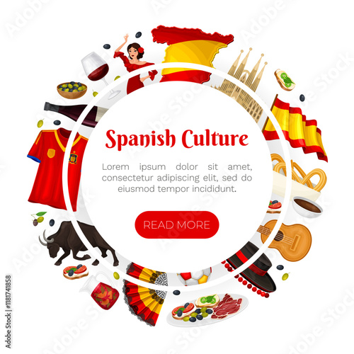 Spain Banner Design with Traditional Symbol and Object Vector Template
