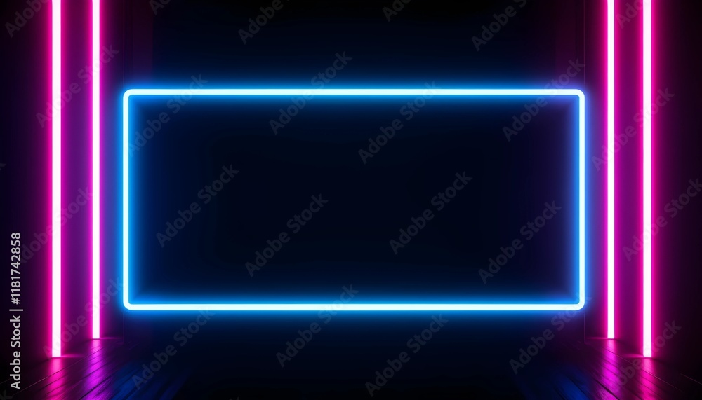 Futuristic Neon Rectangular Frame with Blue and Pink Gradient Glow, Reflecting on a Glossy Surface Against a Minimalist Black Background, Perfect for Modern Tech and Sci-Fi Aesthetics Futuristic Neon Rectangular Frame with Blue and Pink Gradient Glow, Reflecting on a Glossy Surface Against a Minimalist Black Background, Perfect for Modern Tech and Sci-Fi Aesthetics