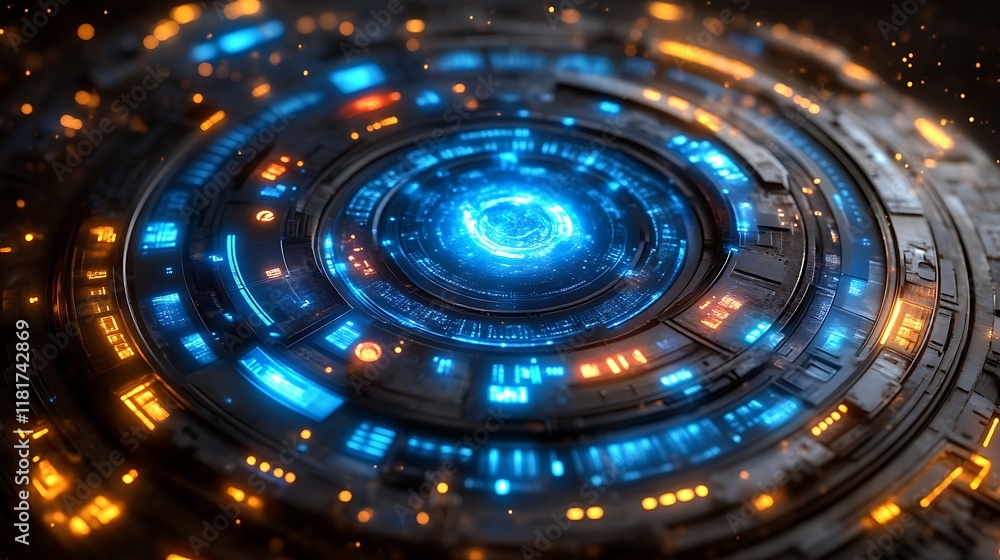 Fototapeta premium Futuristic circular tech interface with glowing blue core.