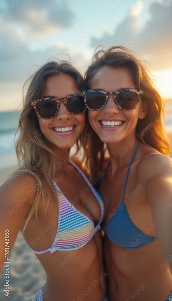 Two smiling women, one in a colorful striped bikini and the other in a blue bikini, pose together on a sunlit beach. Their radiant smiles and stylish sunglasses capture the essence of friendship and Two smiling women, one in a colorful striped bikini and the other in a blue bikini, pose together on a sunlit beach. Their radiant smiles and stylish sunglasses capture the essence of friendship and