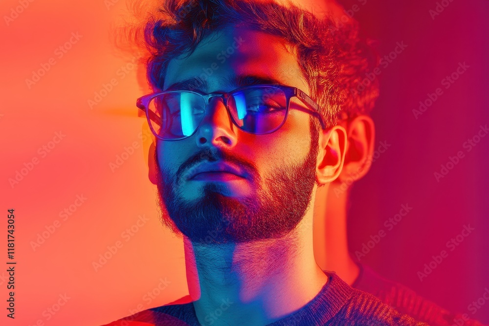 Vibrant reflections of a young man with glasses bathed in colorful neon light Vibrant reflections of a young man with glasses bathed in colorful neon light