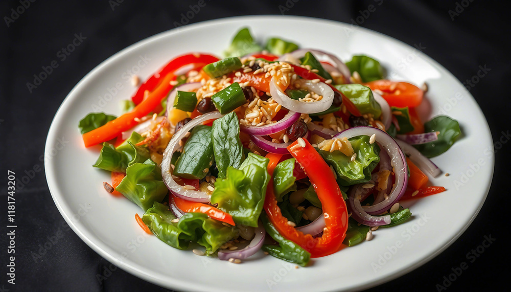 Vibrant vegetable salad featuring bell peppers, cucumber, onion, and leafy greens, highlighted by falling olive oil drops, creating a vibrant and nutritious food presentation with a dark, creative set Vibrant vegetable salad featuring bell peppers, cucumber, onion, and leafy greens, highlighted by falling olive oil drops, creating a vibrant and nutritious food presentation with a dark, creative set