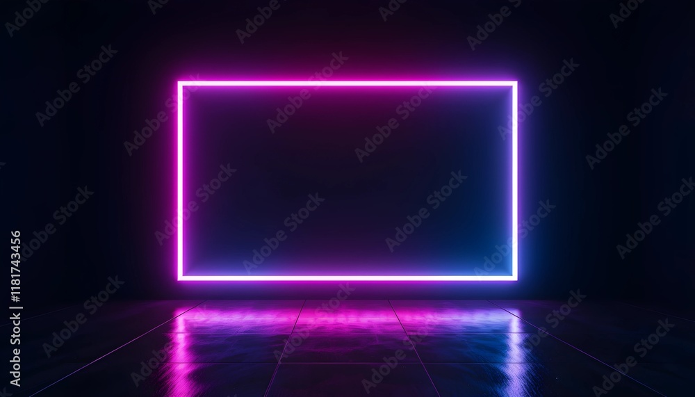 Futuristic Neon Rectangular Frame with Blue and Pink Gradient Glow, Reflecting on a Glossy Surface Against a Minimalist Black Background, Perfect for Modern Tech and Sci-Fi Aesthetics Futuristic Neon Rectangular Frame with Blue and Pink Gradient Glow, Reflecting on a Glossy Surface Against a Minimalist Black Background, Perfect for Modern Tech and Sci-Fi Aesthetics
