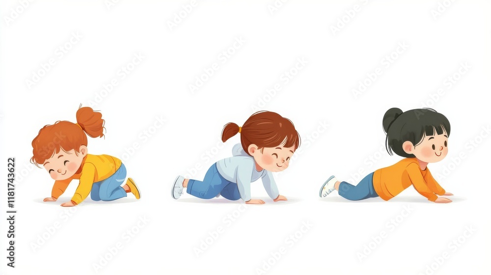Three adorable little girls crawling on the floor, playfully engaging in a cheerful race. Three adorable little girls crawling on the floor, playfully engaging in a cheerful race.