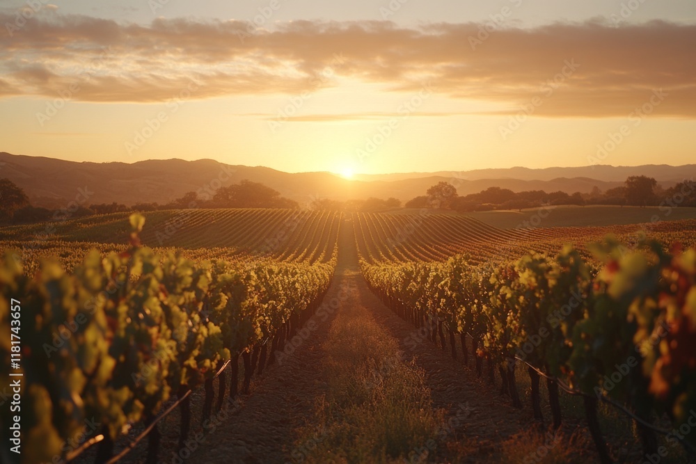 Fototapeta premium Sunset over a vineyard with warm golden light