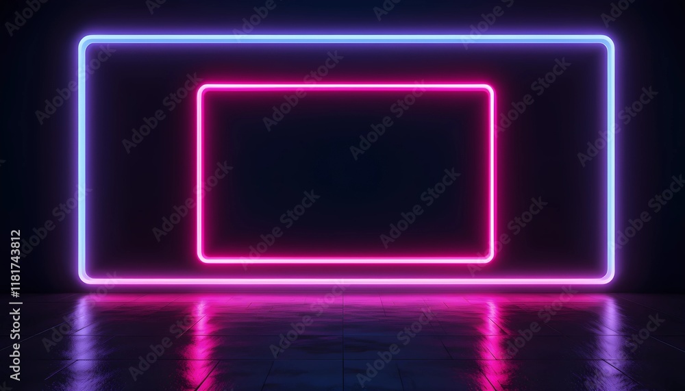 Futuristic Neon Rectangular Frame with Blue and Pink Gradient Glow, Reflecting on a Glossy Surface Against a Minimalist Black Background, Perfect for Modern Tech and Sci-Fi Aesthetics Futuristic Neon Rectangular Frame with Blue and Pink Gradient Glow, Reflecting on a Glossy Surface Against a Minimalist Black Background, Perfect for Modern Tech and Sci-Fi Aesthetics