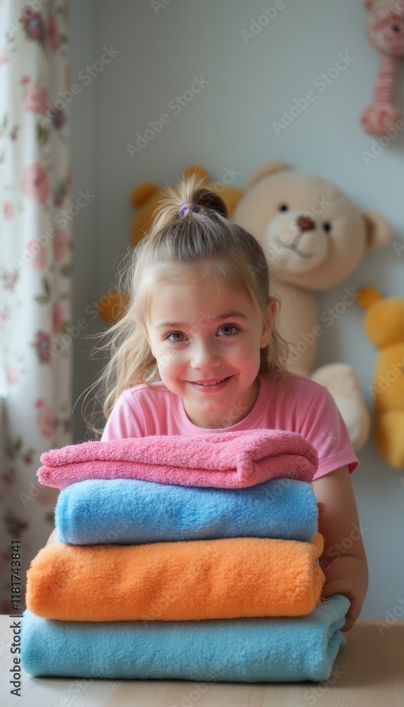 A joyful young girl with a bright smile is stacking vibrant towels in shades of pink, blue, and orange. The warm atmosphere is enhanced by a soft background featuring plush toys, evoking a sense of A joyful young girl with a bright smile is stacking vibrant towels in shades of pink, blue, and orange. The warm atmosphere is enhanced by a soft background featuring plush toys, evoking a sense of