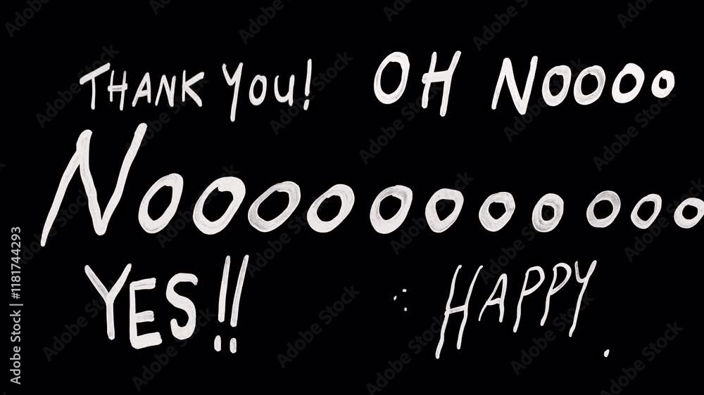 Set of writing effects hand drawn wording, No, yes, oh no, thank you, happy, brush stroke animation doodle texture on a transparent background, alpha channel Set of writing effects hand drawn wording, No, yes, oh no, thank you, happy, brush stroke animation doodle texture on a transparent background, alpha channel