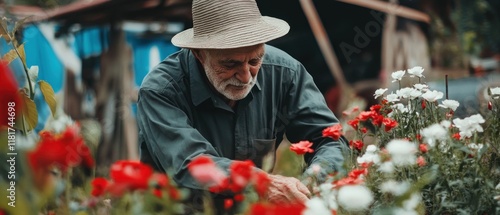 An elderly man in a hat takes care of flowers in his home garden