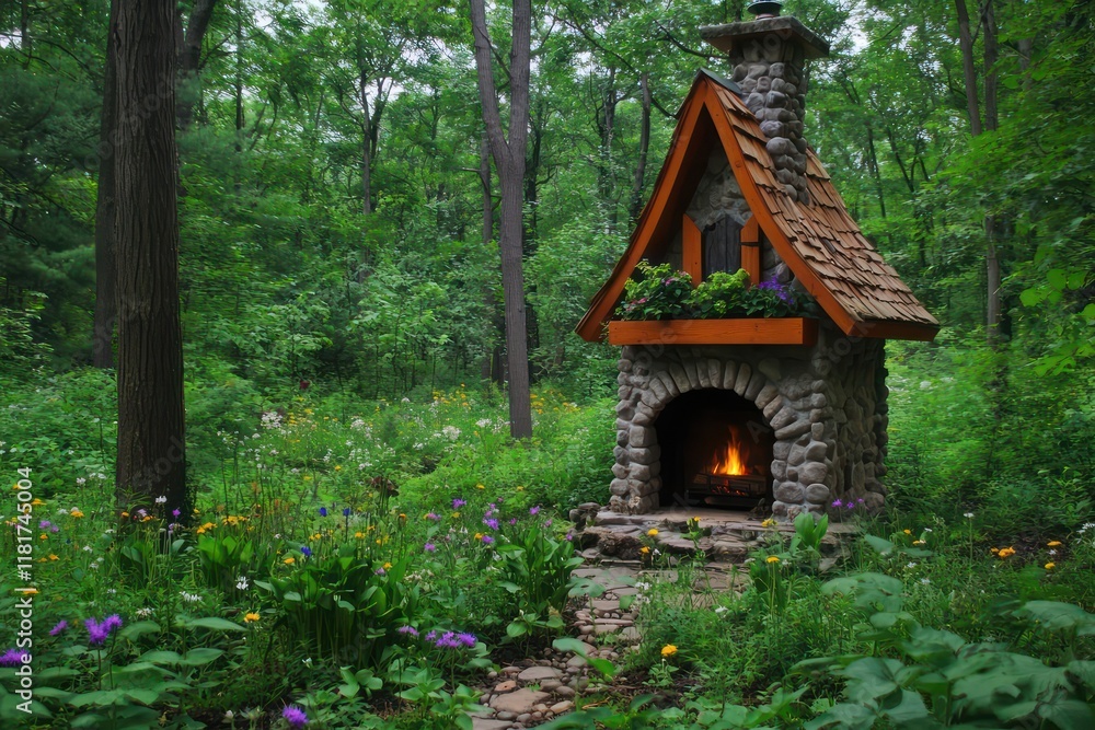A tiny woodland hideaway with a stone fireplace, surrounded by vibrant green foliage and blooming wildflowers A tiny woodland hideaway with a stone fireplace, surrounded by vibrant green foliage and blooming wildflowers
