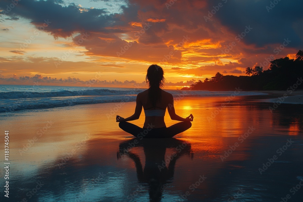 Silhouette of a person meditating by the water during sunset Silhouette of a person meditating by the water during sunset