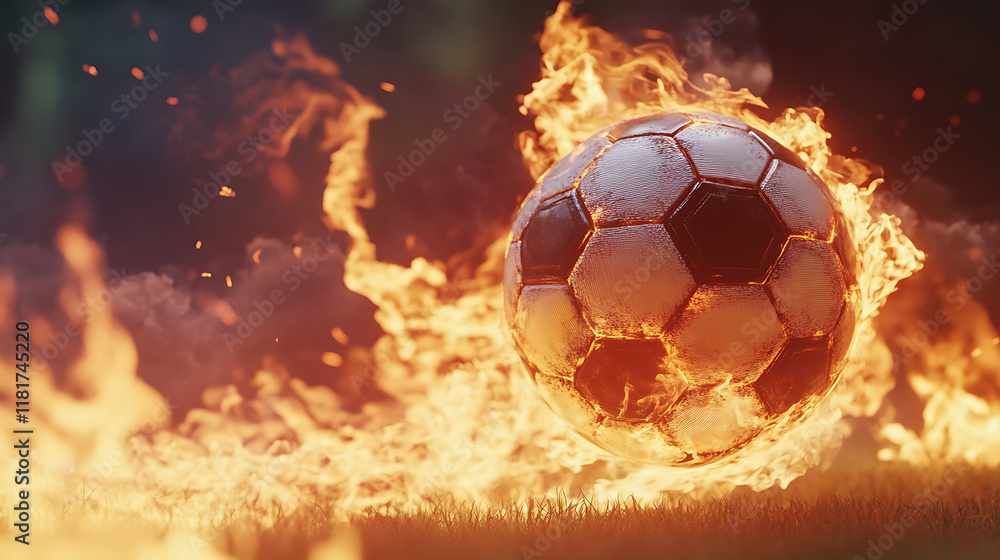 Fototapeta premium A flaming soccer ball surrounded by fire, symbolizing intensity and passion in sports.