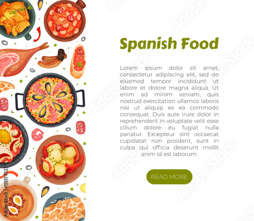 Spanish Dish and Food Banner Design with Traditional Meal Vector Template