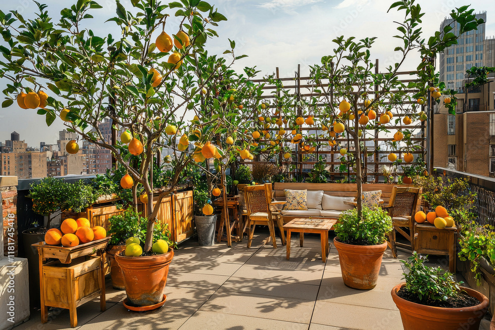Obraz premium Rooftop Terrace with Fruit Trees and Seating