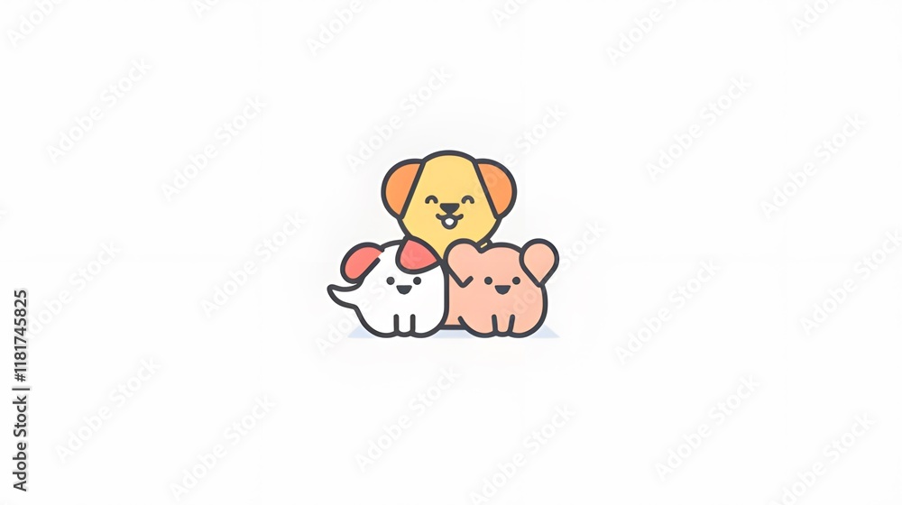 Cute Vector Logo of Three Cartoon Dogs with Minimalist Flat Design on White Background Cute Vector Logo of Three Cartoon Dogs with Minimalist Flat Design on White Background