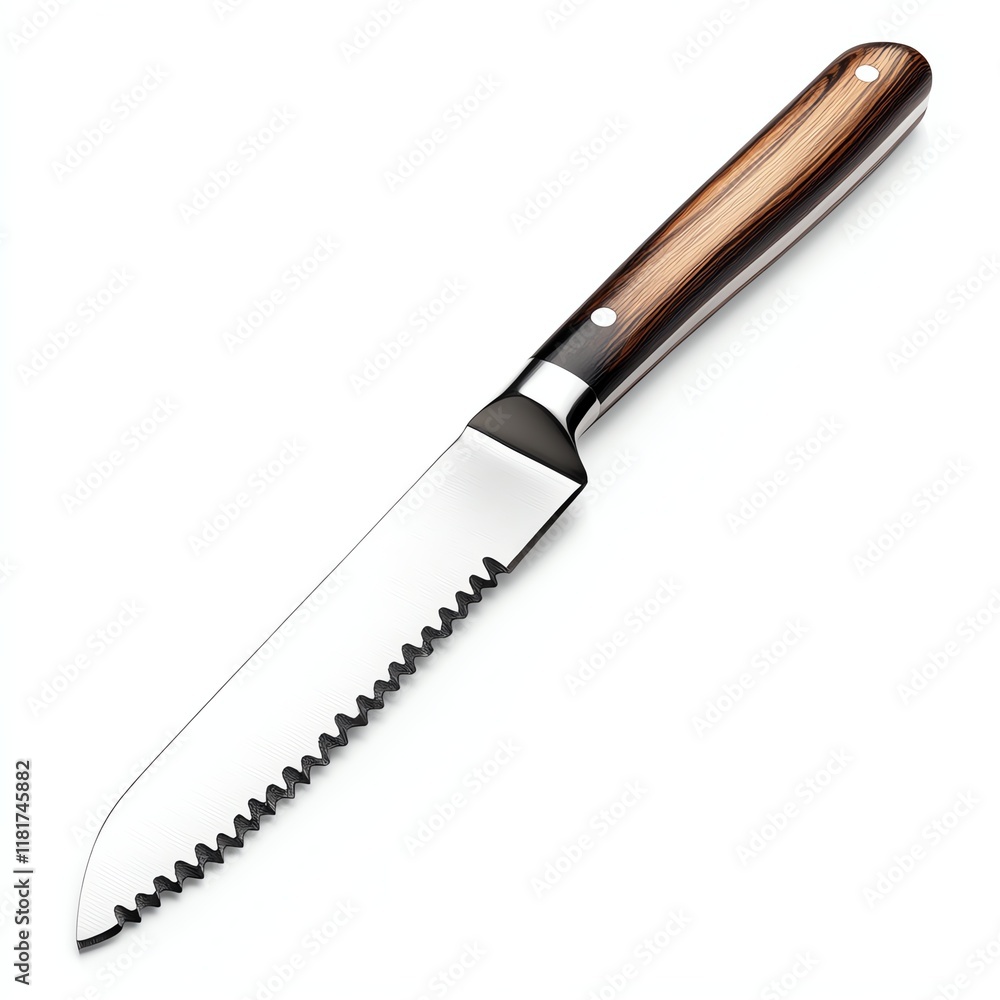Serrated knife with wooden handle, ideal for cutting bread, isolated on white background. Serrated knife with wooden handle, ideal for cutting bread, isolated on white background.