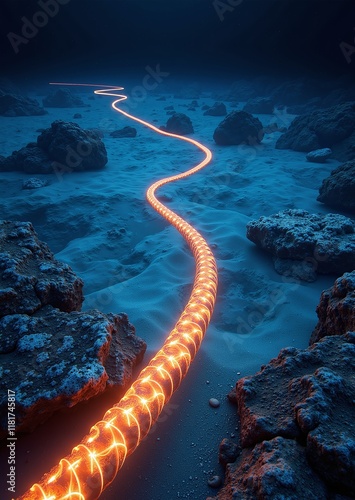 Glowing deep-sea cable on the ocean floor, connecting continents for high-speed data transmission across vast underwater distances photo