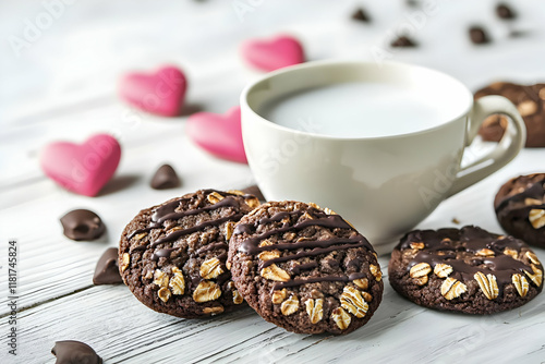 cup of coffee and cookies in concept of valentine day on 14 February 2025 with pink and red heart gift love rose romance romantic things with background
