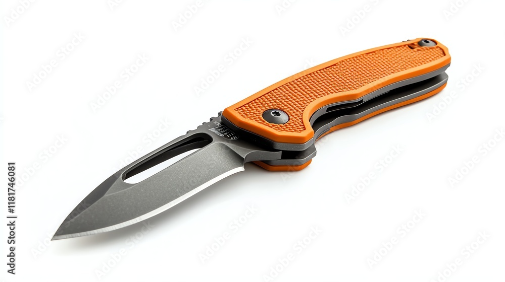 Orange handled folding knife with sharp blade, white isolated background. Orange handled folding knife with sharp blade, white isolated background.